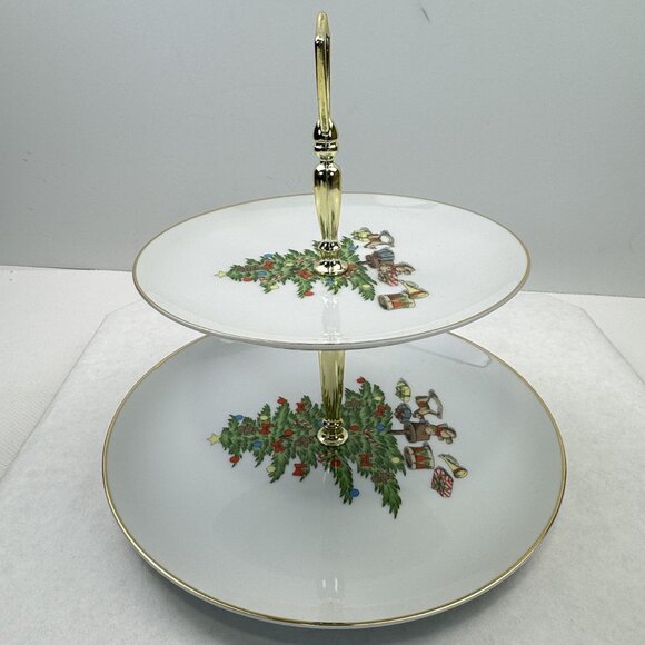 Vintage Two-Tiered Tidbit Set Fine China Holiday Desert Tray Christmas Tree - Picture 4 of 16